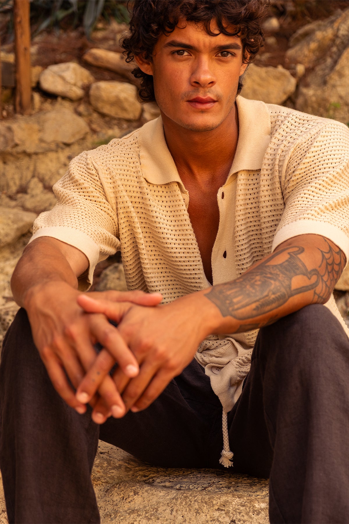 Button Down Knitted Shirt Cream Camisas Polonio UY