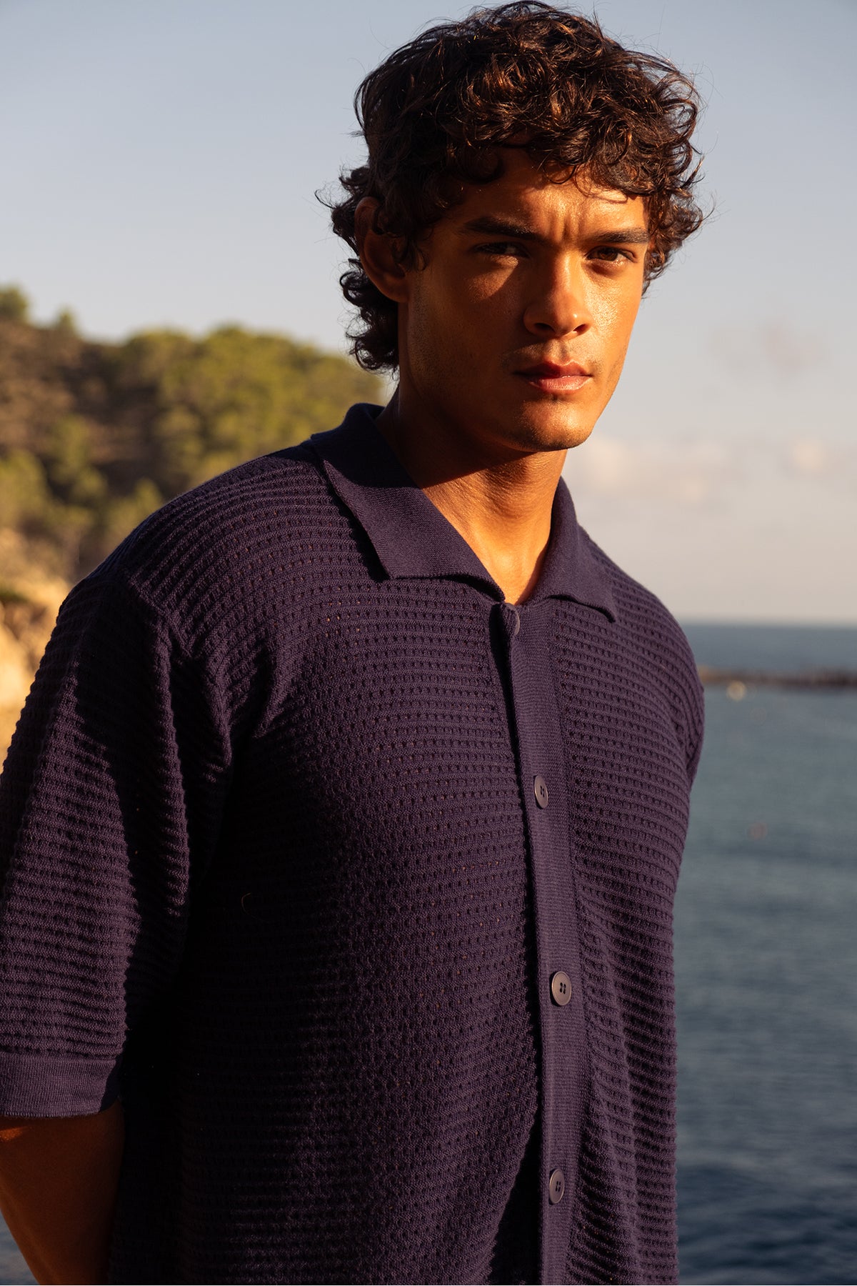 Button Down Knitted Shirt Navy Camisas Polonio UY