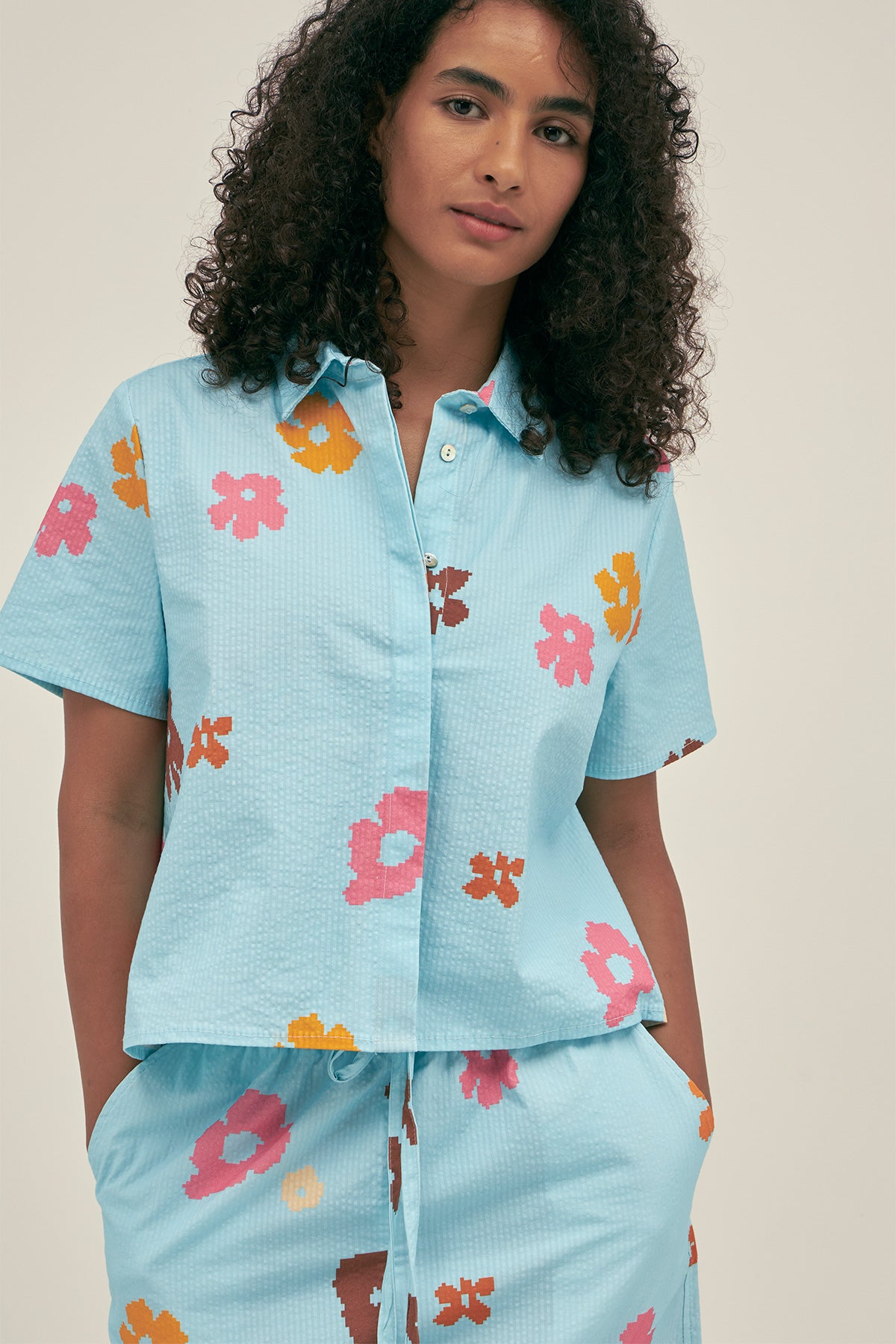 Short Sleeve Shirt Seersucker celeste 1