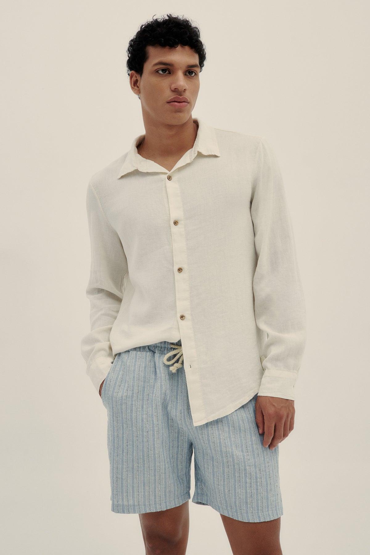 Cream Long Sleeve Linen Shirt - Polonio